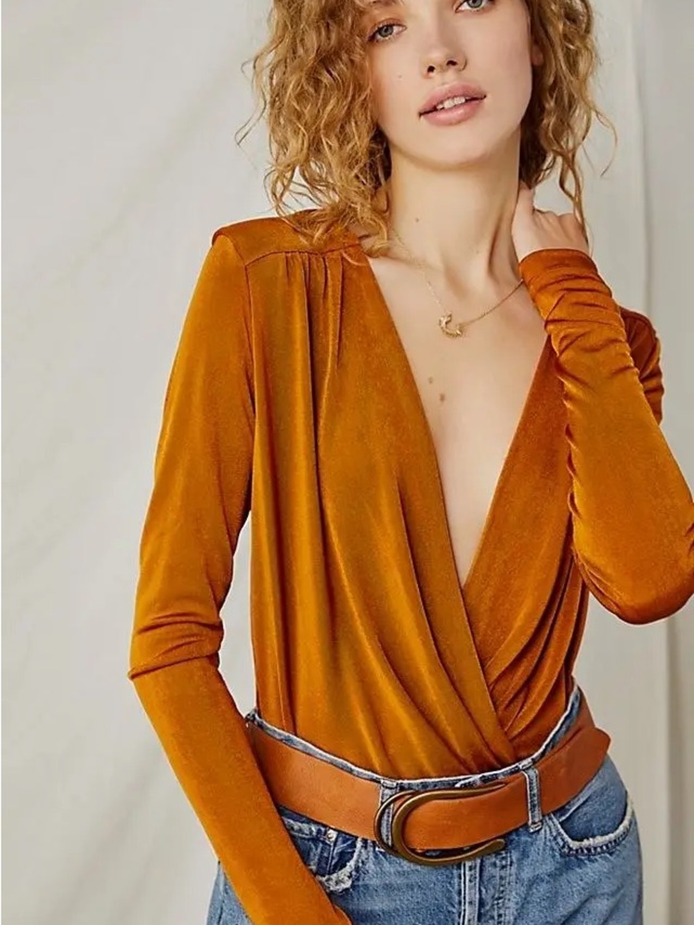 Free People Turnt Long Sleeve Bodysuit in Honey Ginger Womens Size Small